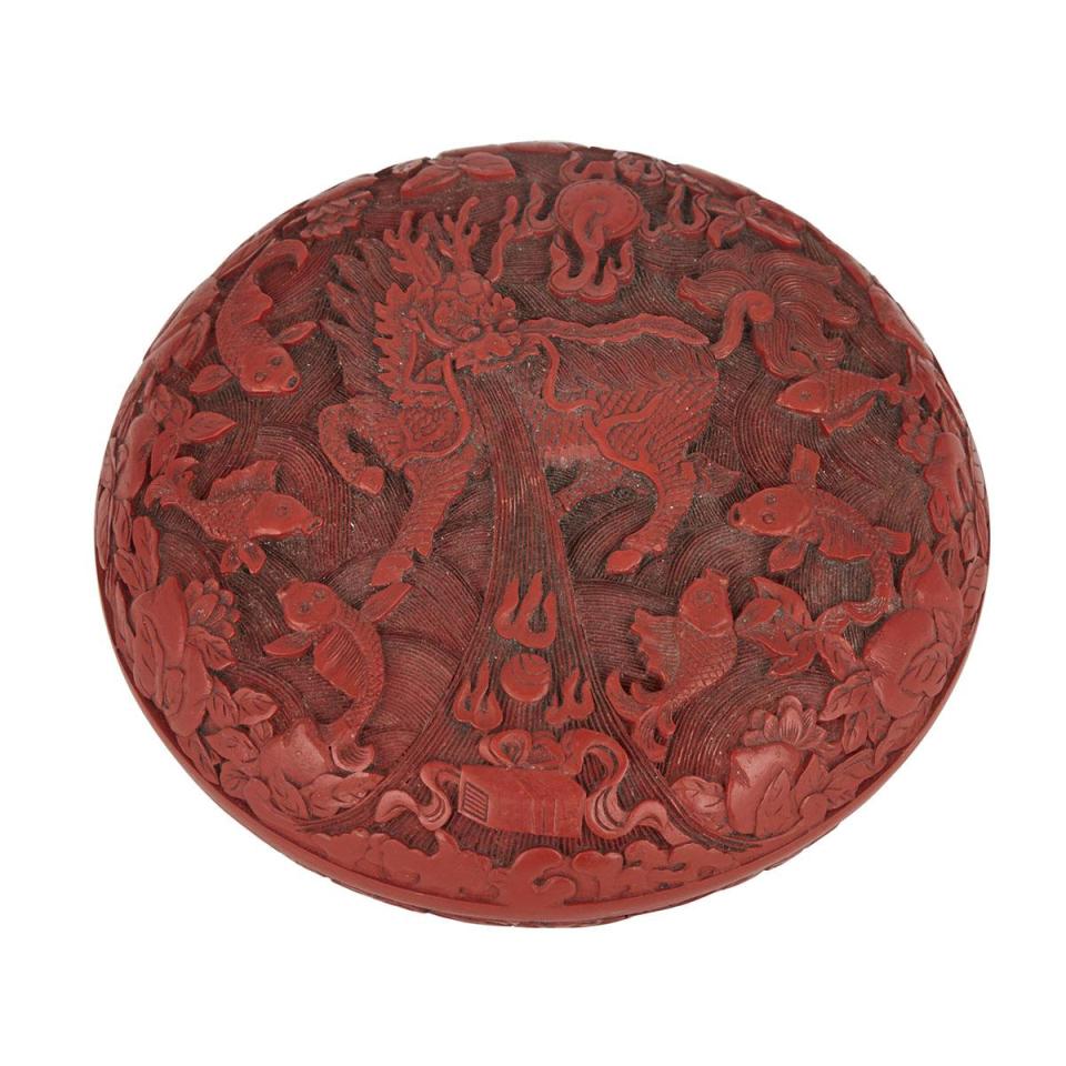 ＡChinese ‘Lions and Qilin’ Circular Carved Cinnabar Lacquer Box, Qing dynasty