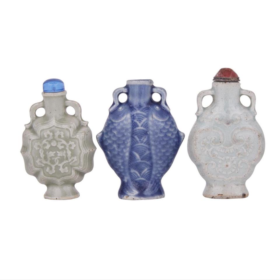 A Set of Three Unusual Moonflask- Form Porcelain Snuff Bottles, 19th Century