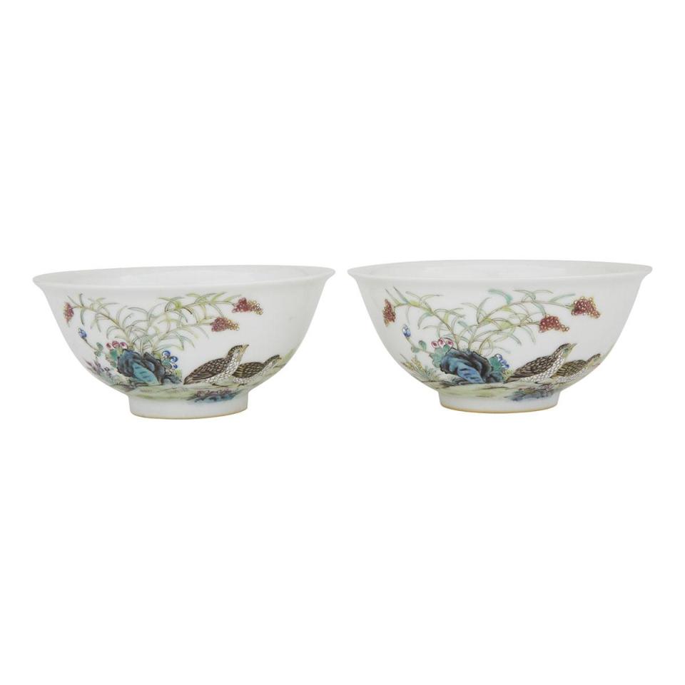 Pair of Famille Rose ‘Quails’ Bowls,  Guangxu Mark 