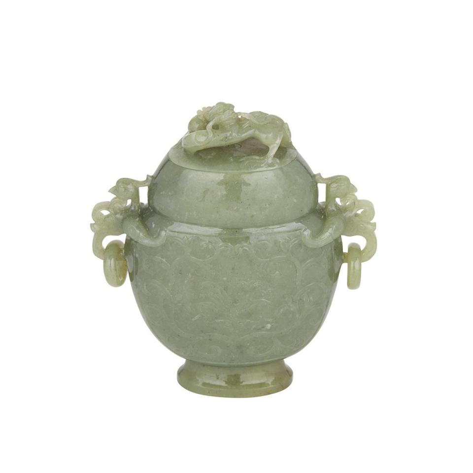 A Celadon Spinach Jade ‘Phoenix and Dragon’ Vase
