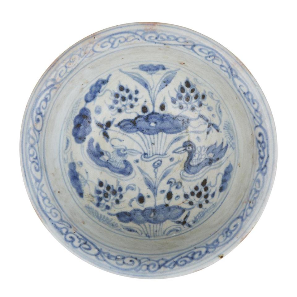A Blue and White Mandarin Duck Bowl, Possibly Yuan Dynasty