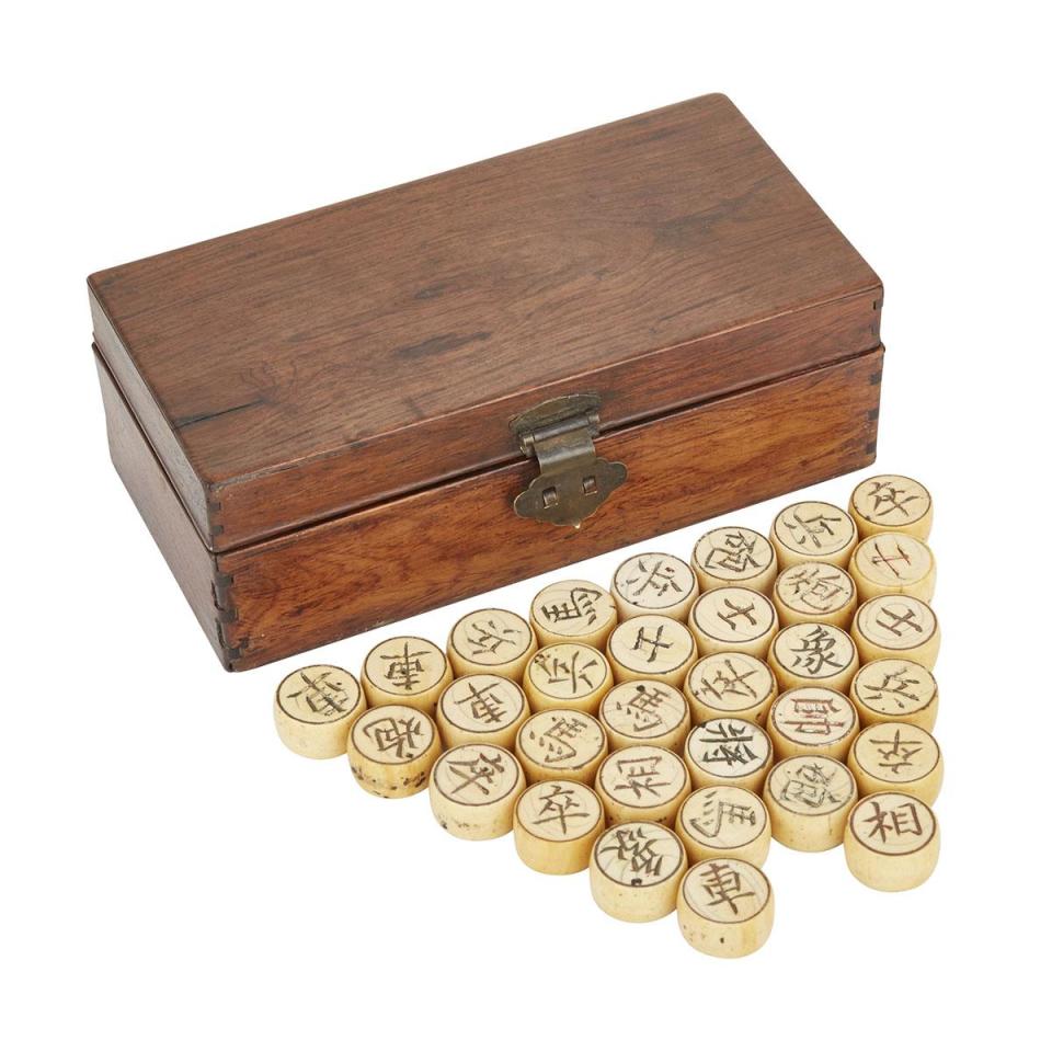 A Complete Set of Chinese Ivory Chess ‘Xiangqi’ with Huanghuali and Mixed Wood Box, 19th Century 