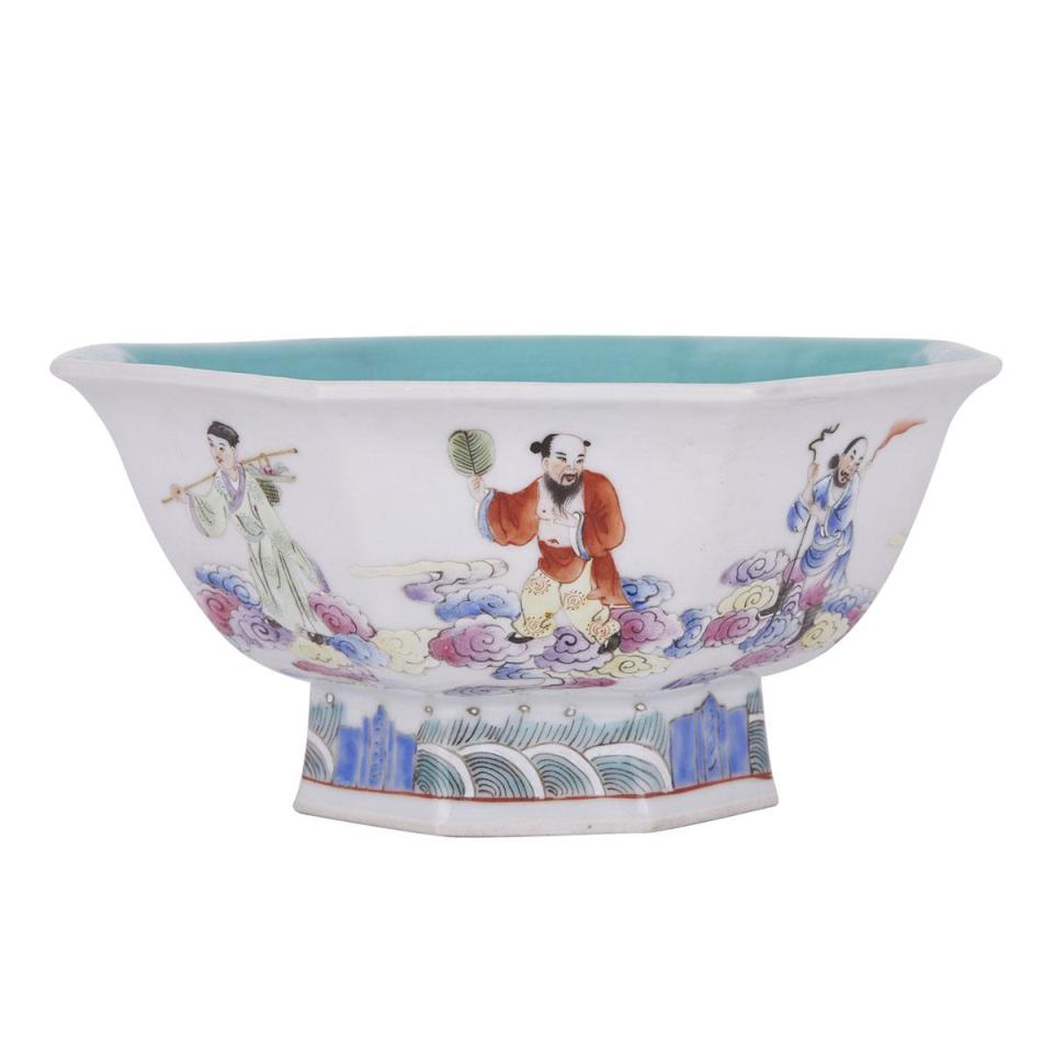 A Famille Rose ‘Eight Immortals’ Octagonal High-Footed Bowl, Jiaqing Mark