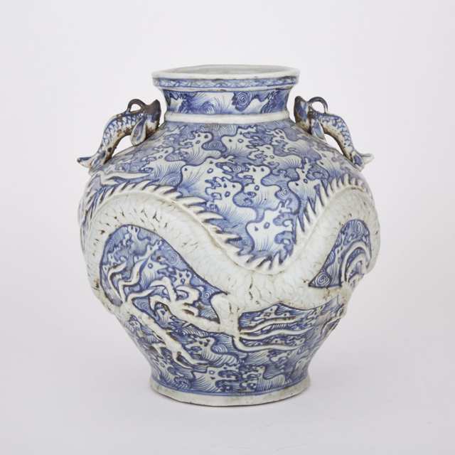 Blue and White Moulded Dragon Jar