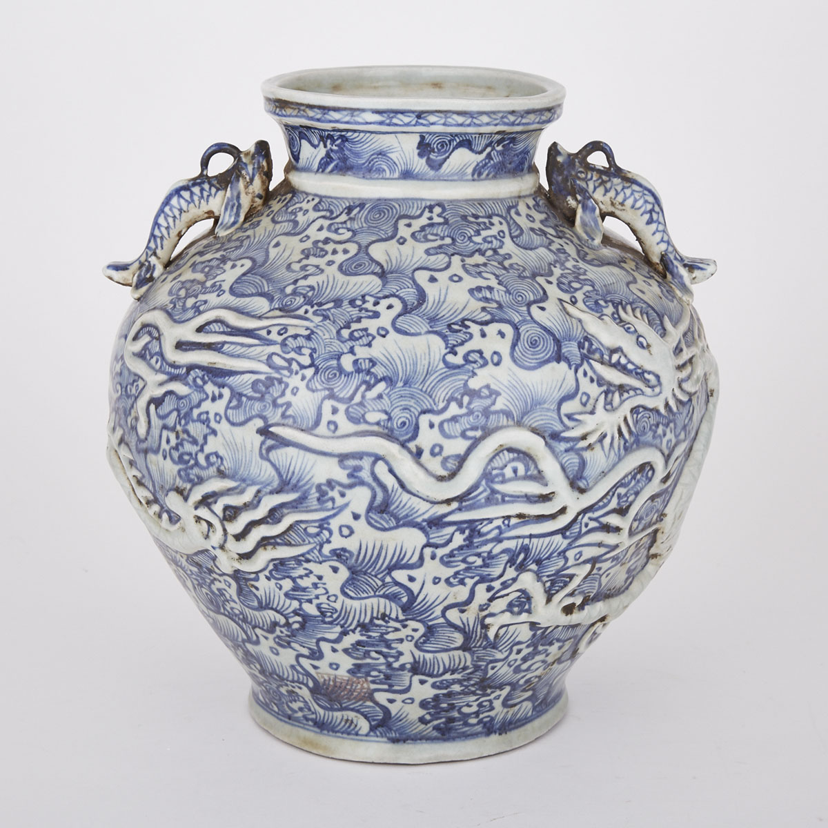 Blue and White Moulded Dragon Jar