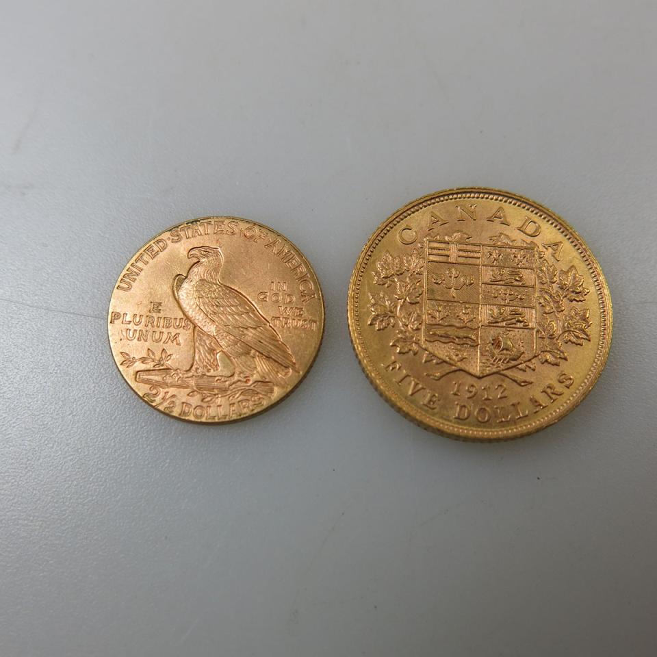 Canadian 1912 $5 Gold Coin & An American 1915 $2.50 Gold Quarter Eagle