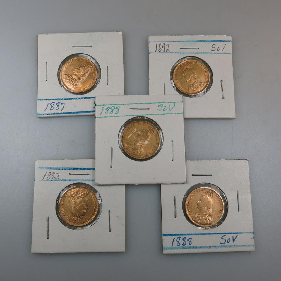 Five 19th Century Australian Gold Sovereigns