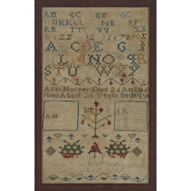Early Prince Edward Island Memorial Sampler to Ann Hooper, Died 26 August, Bedeque, 1800