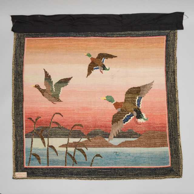Grenfell Labrador Industries 'Mallard Ducks in Flight Over a Marsh' Hooked Mat, c.1930