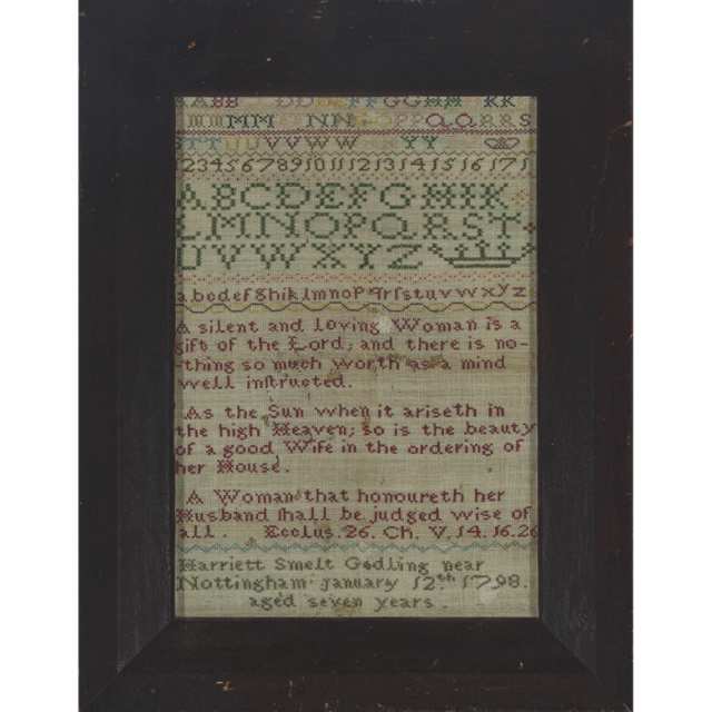 Georgian Alphabet and Verse Sampler, Harriet Smelt, aged seven years, Gedling near Nottinghamshire, January 12th, 1798