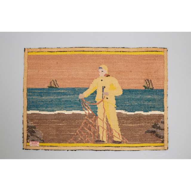 Grenfell Labrador Industries 'Fisherman Tending Nets' Hooked Mat, c.1930