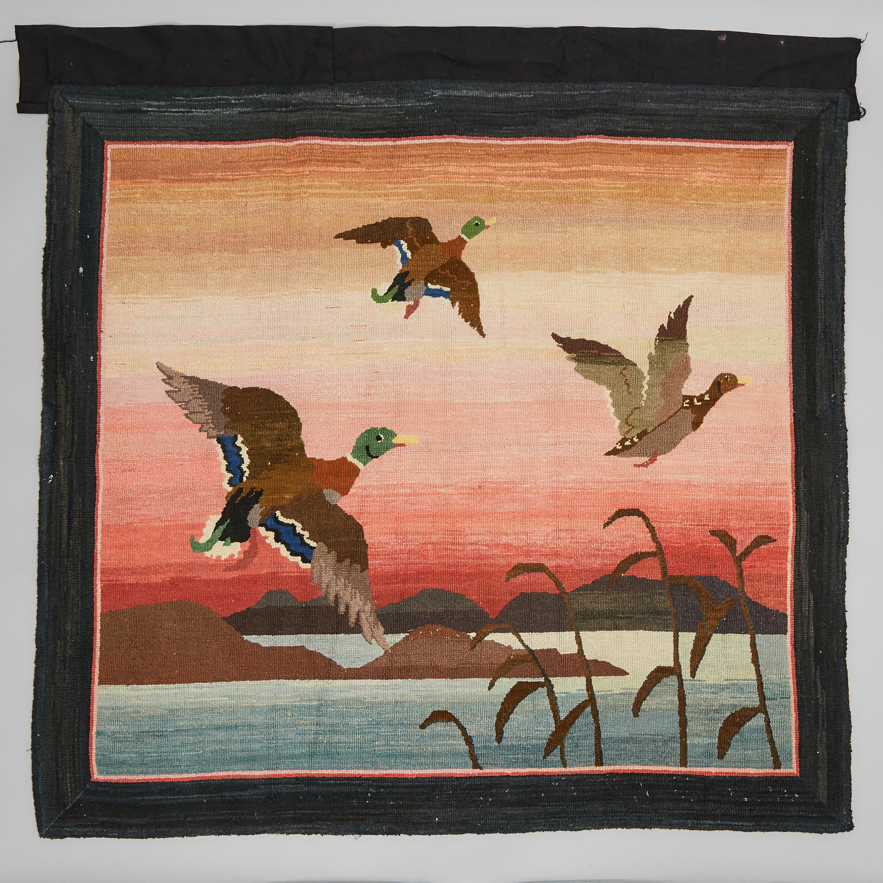 Grenfell Labrador Industries 'Mallard Ducks in Flight Over a Marsh' Hooked Mat, c.1930