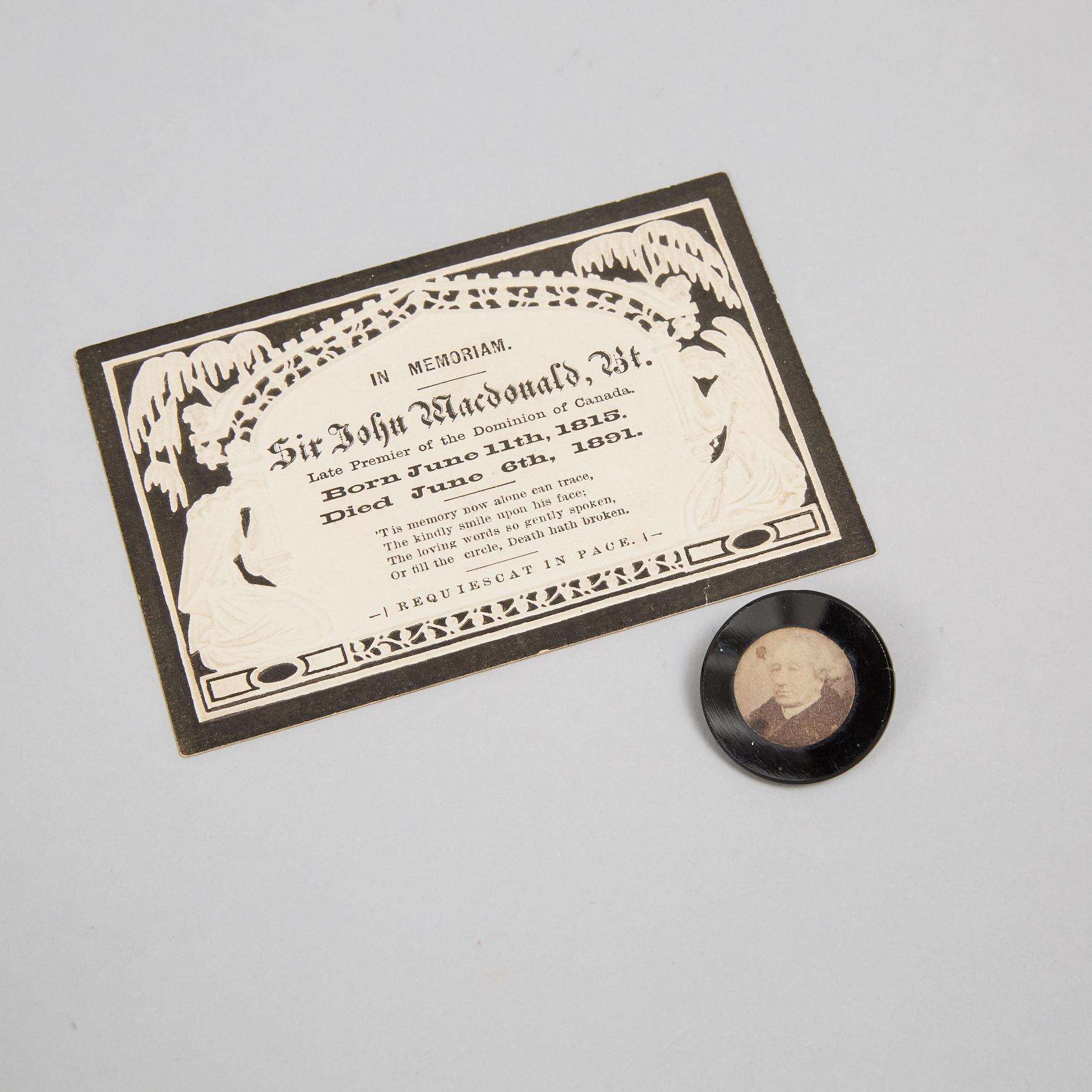 Sir John A. Macdonald Memoriam Card and Jet Glass Mourning Button, 1891