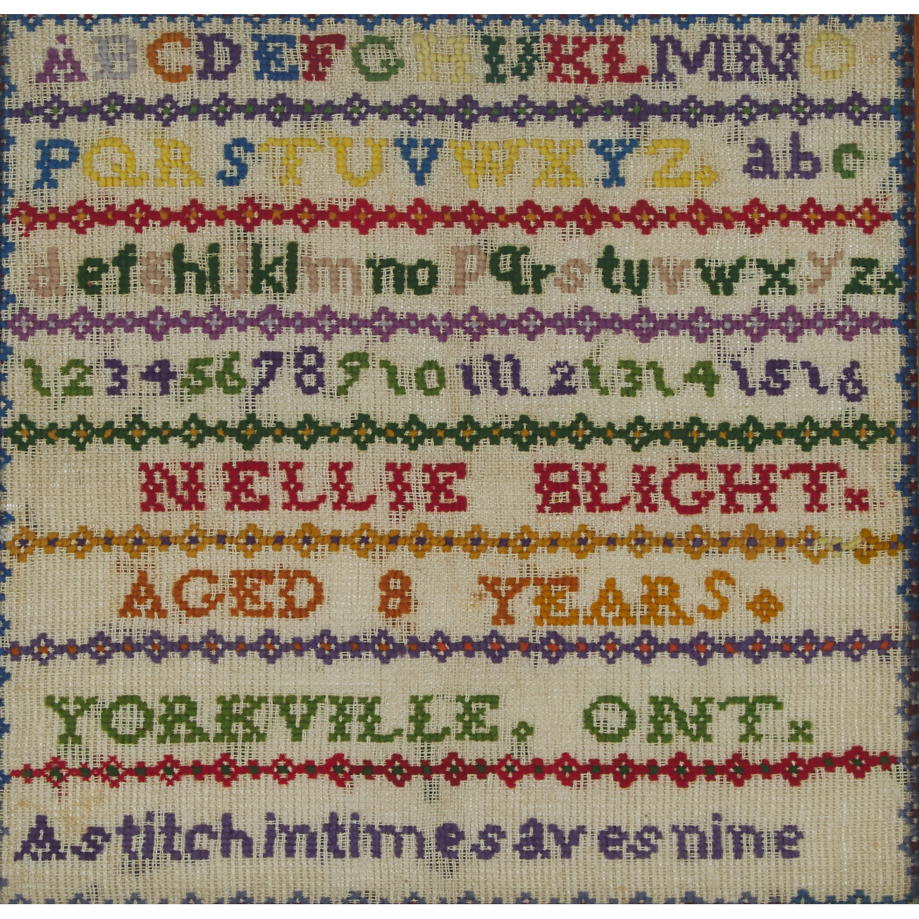 Ontario Alphabet Sampler with Motto, Nellie Blight, Yorkville, Ont., 19th century