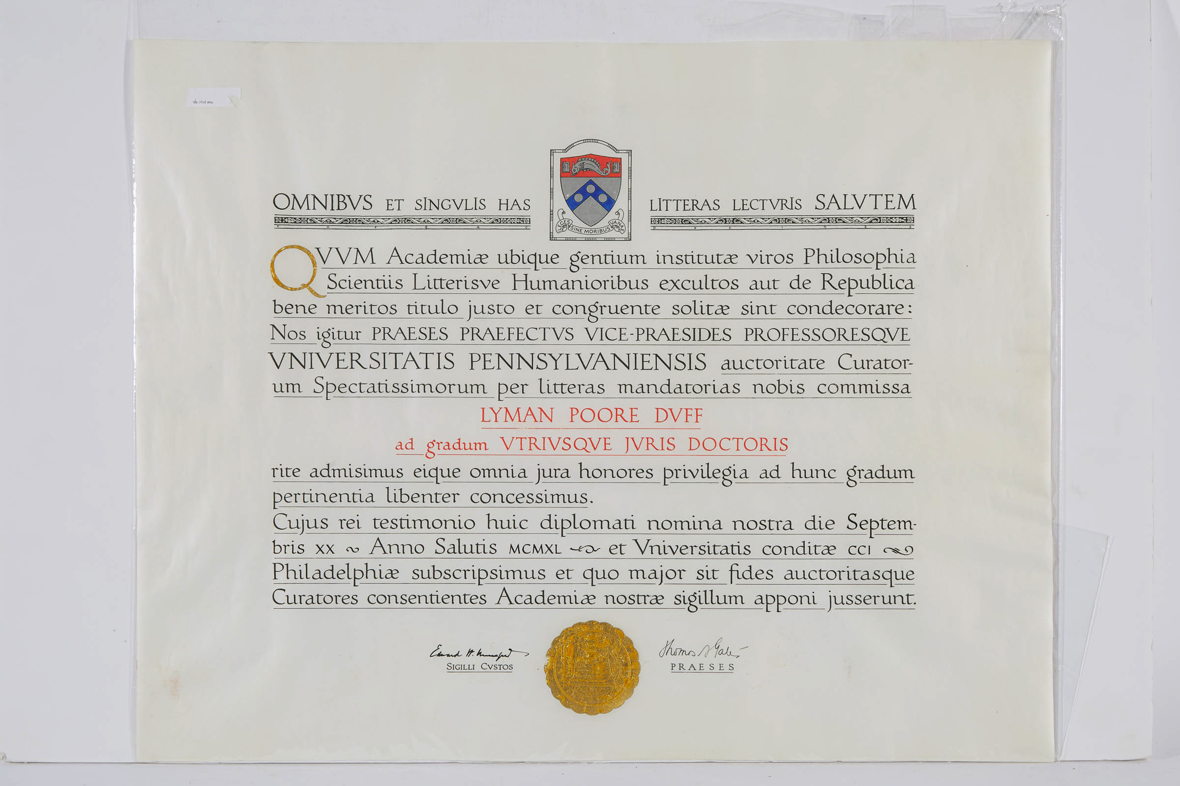 University of Pennsylvania Honorary Degree to Sir Lyman Poore Duff, PC, GCMG, (1865-1955) mid 20th century
