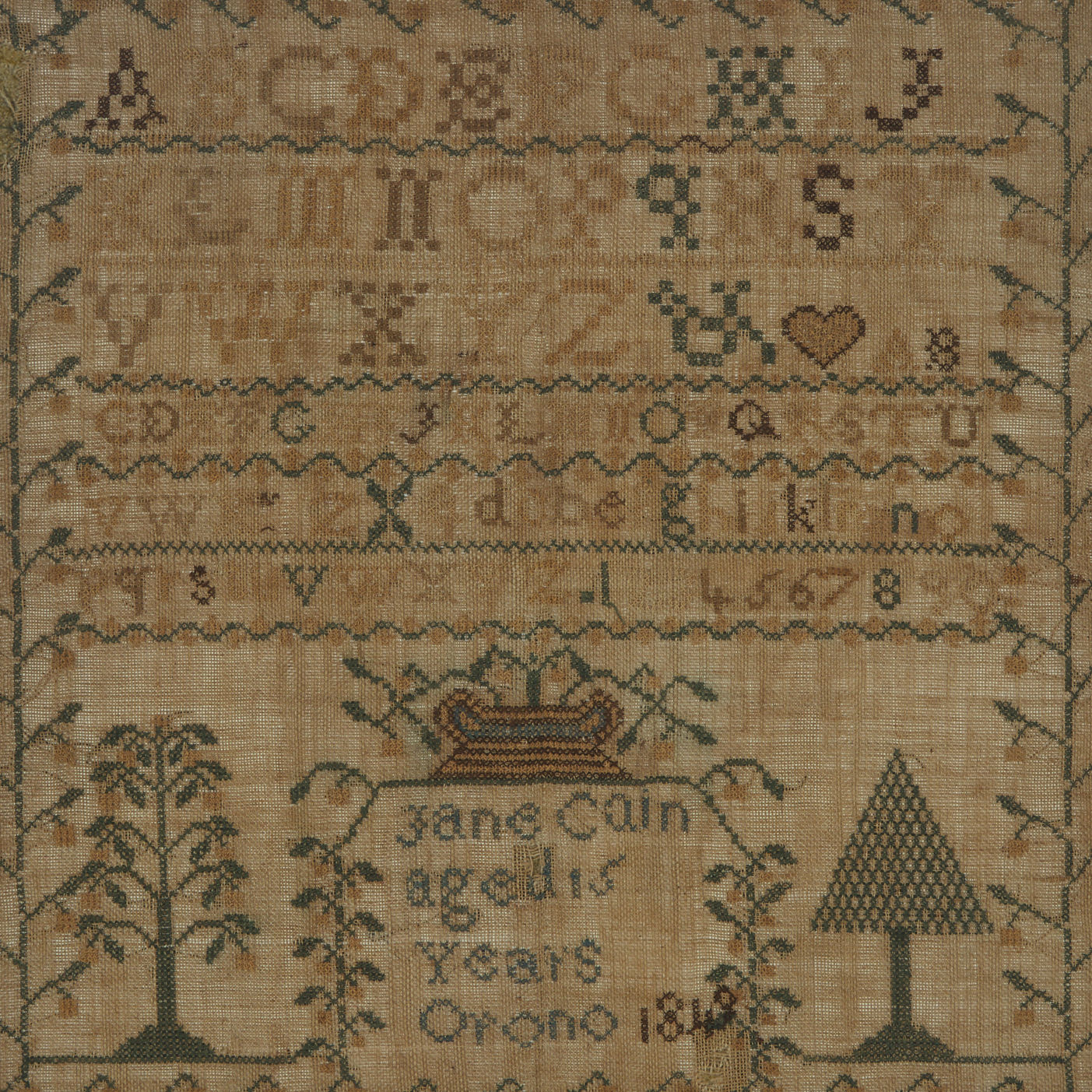 Ontario Pictorial Alphabet Sampler, Jane Cain, aged 15 Years, Orono, 1848