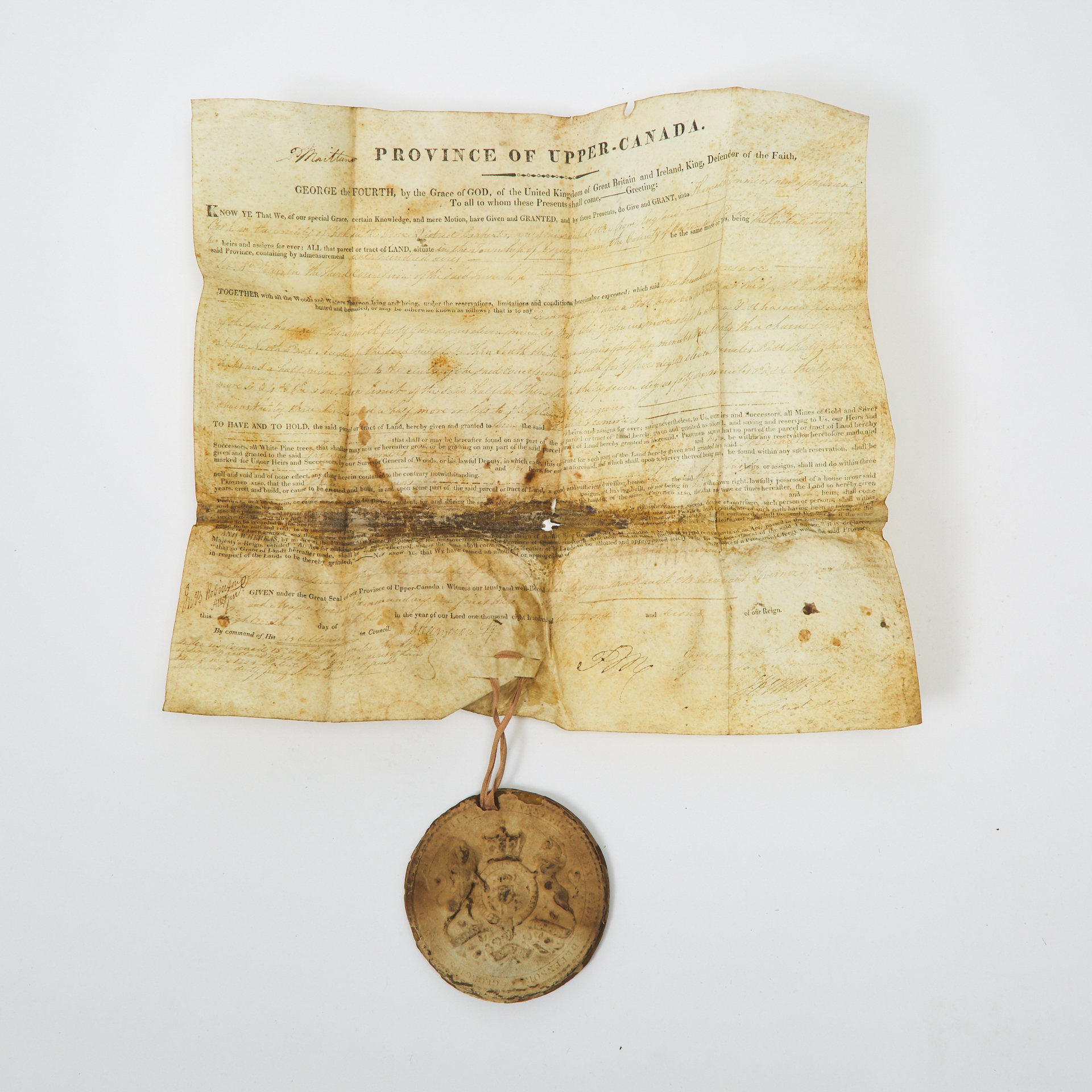 George IV Town of York Land Indenture with Seal, 1821