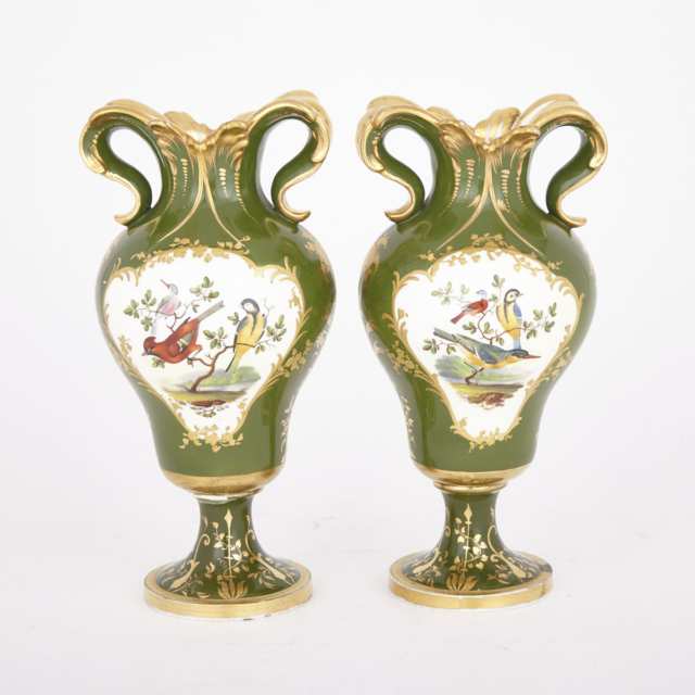 Pair of English Porcelain Green-Ground Mantel Vases, c.1840