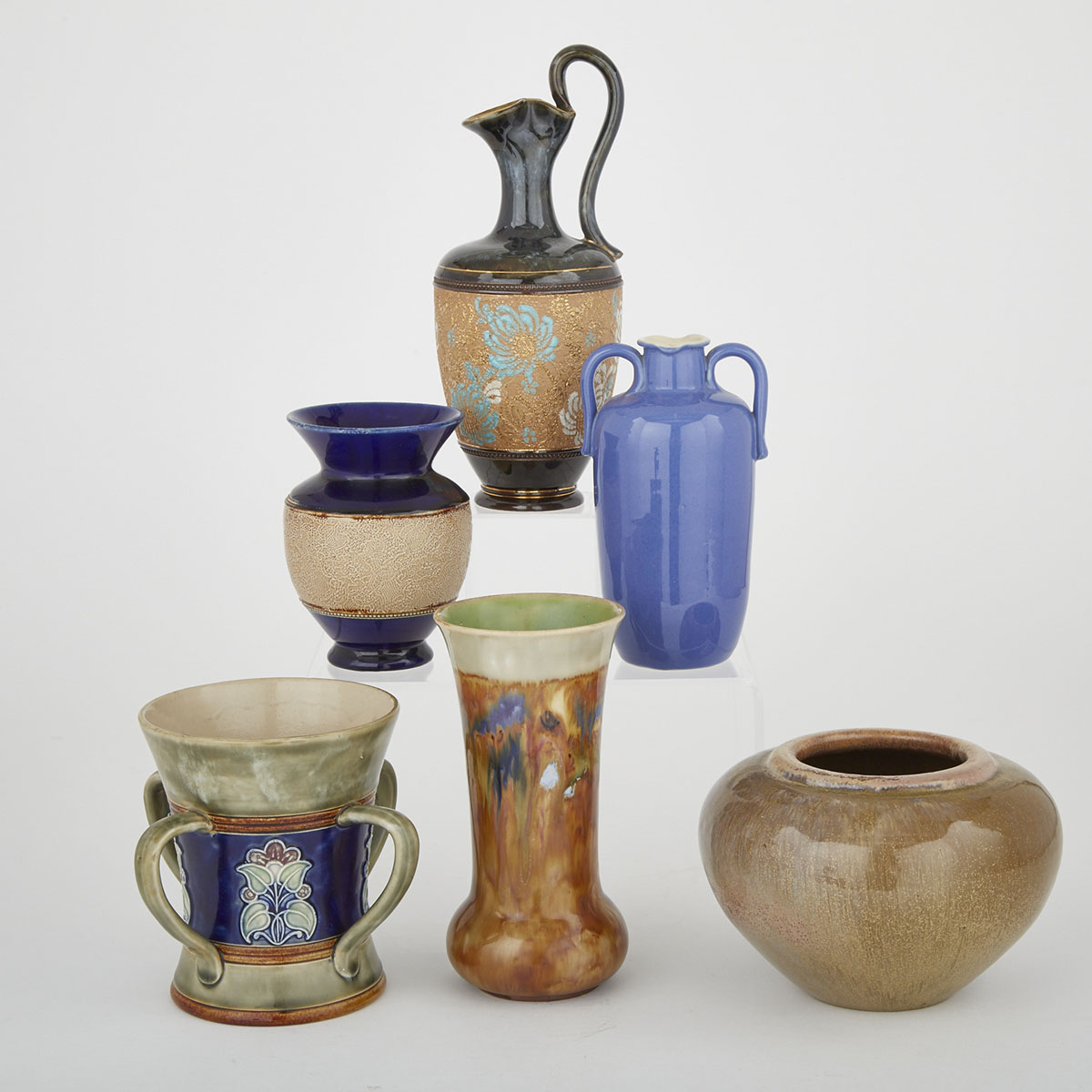 Royal Doulton Stoneware Four-Handled Loving Cup, Jug, Flask and Three Vases, early 20th century