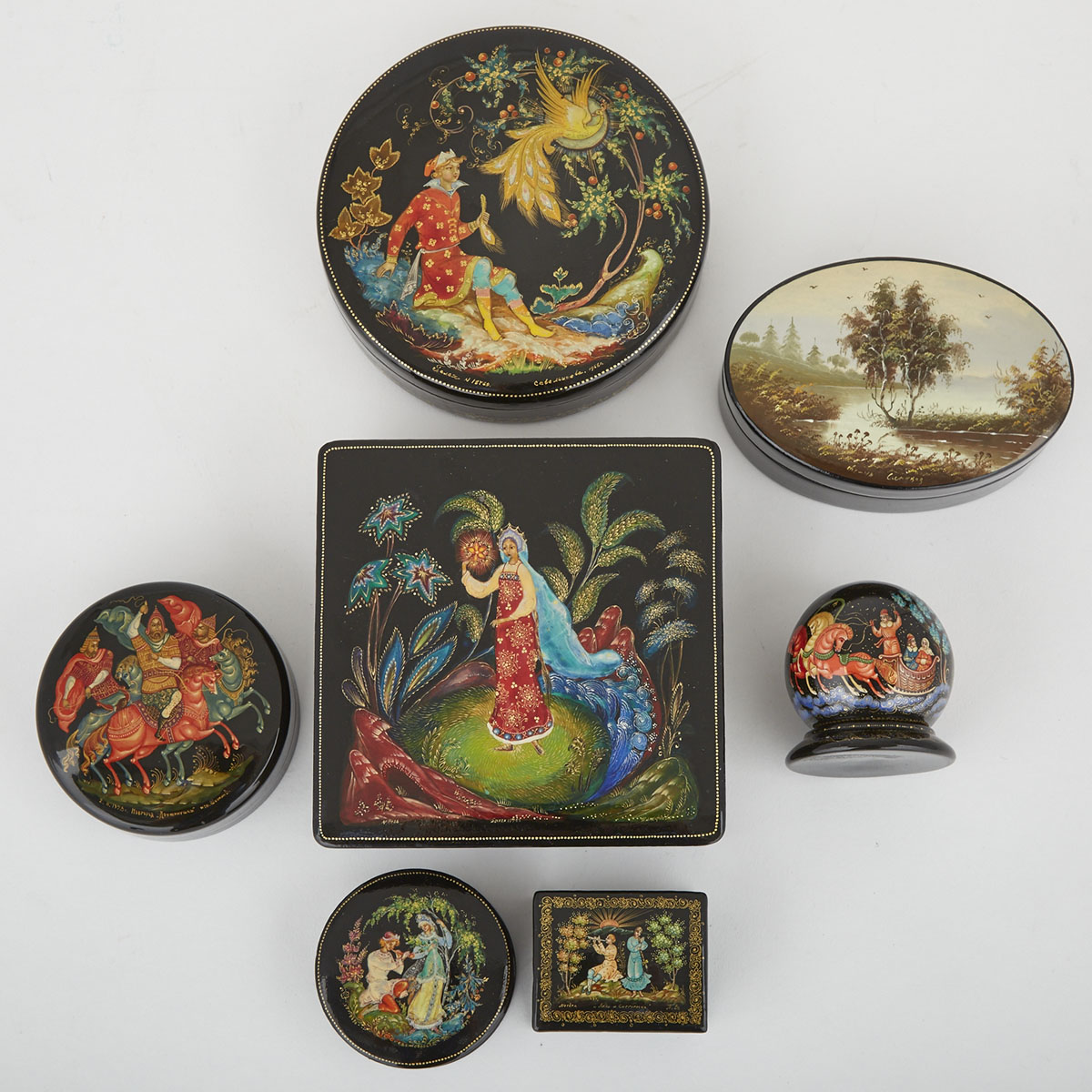 Group of Seven Russian Lacquered Dresser Boxes, Palekh and other villages, 20th century