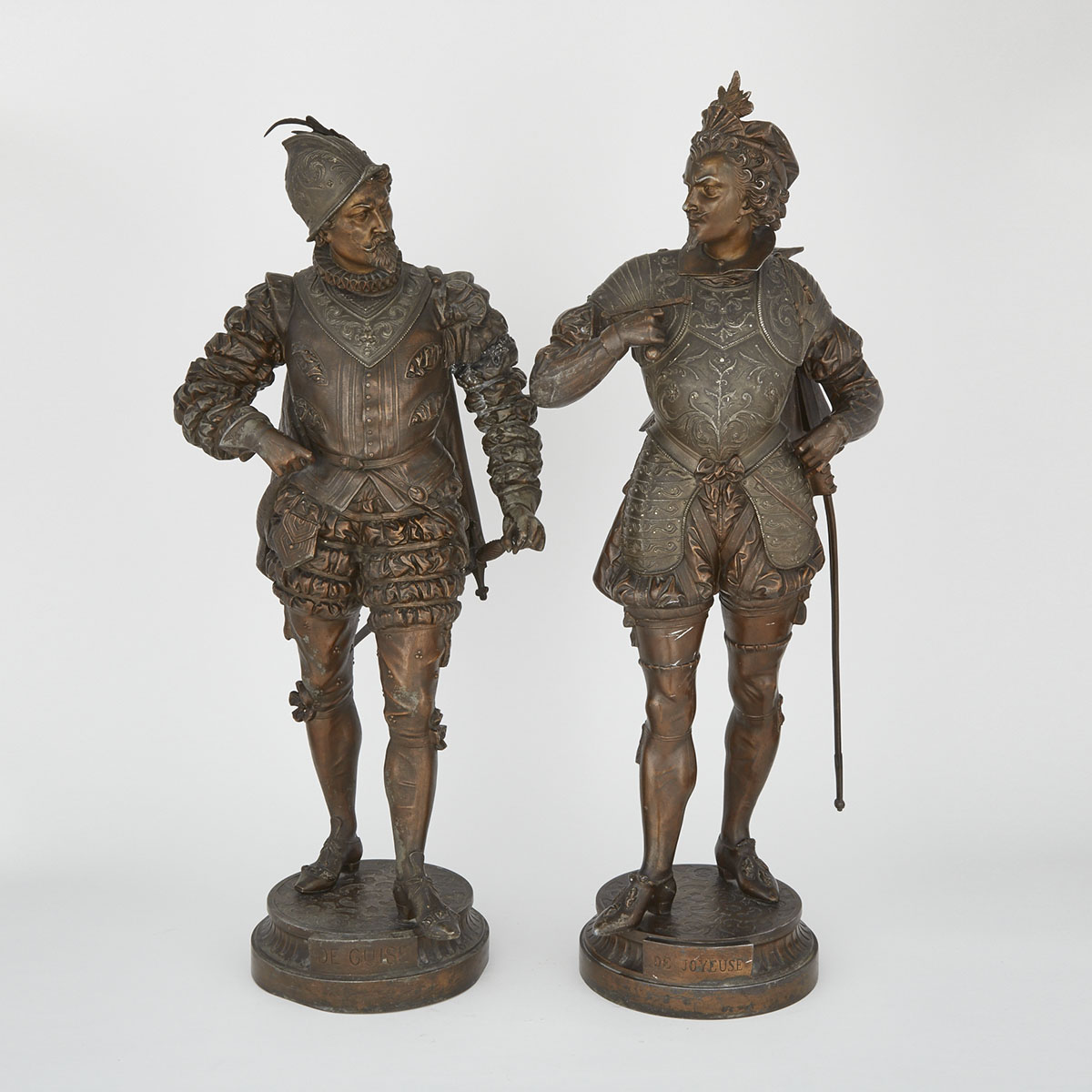 Large Pair of French Patinated White Metal Figures of the Ducs de Joyeuse and de Guise, late 19th century