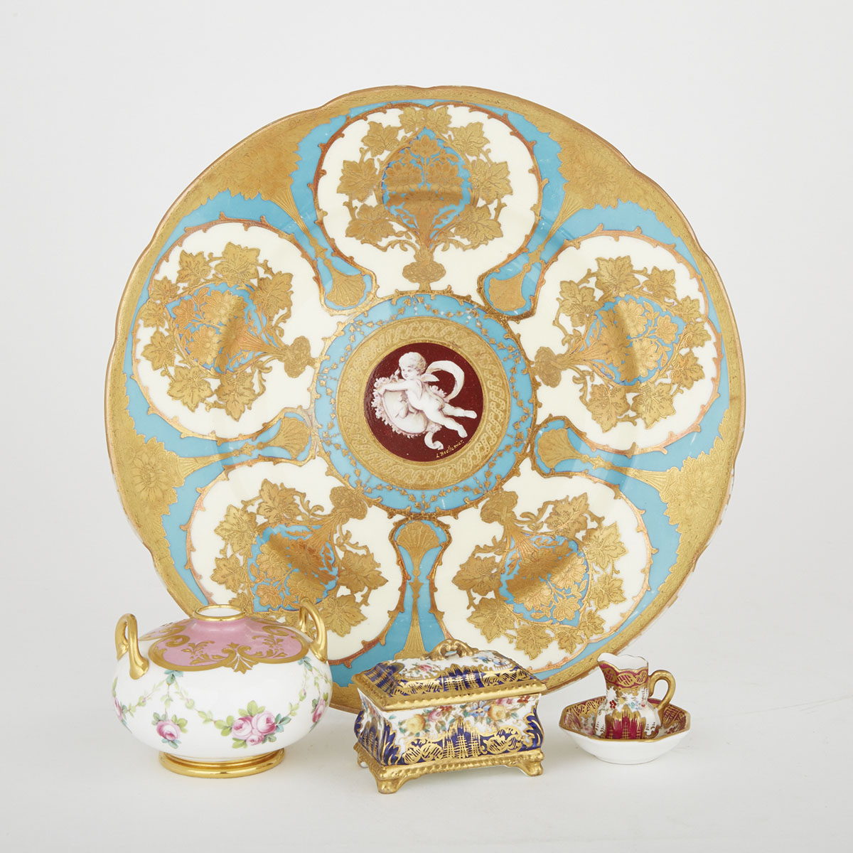 Thomas Morris Plate, Minton Small Vase, Crown Staffordshire Covered Box and Miniature Jug and Basin, 20th century