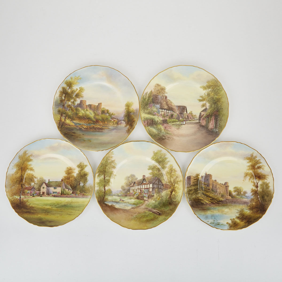 Five Royal Worcester Scenic Plates, mid-20th century