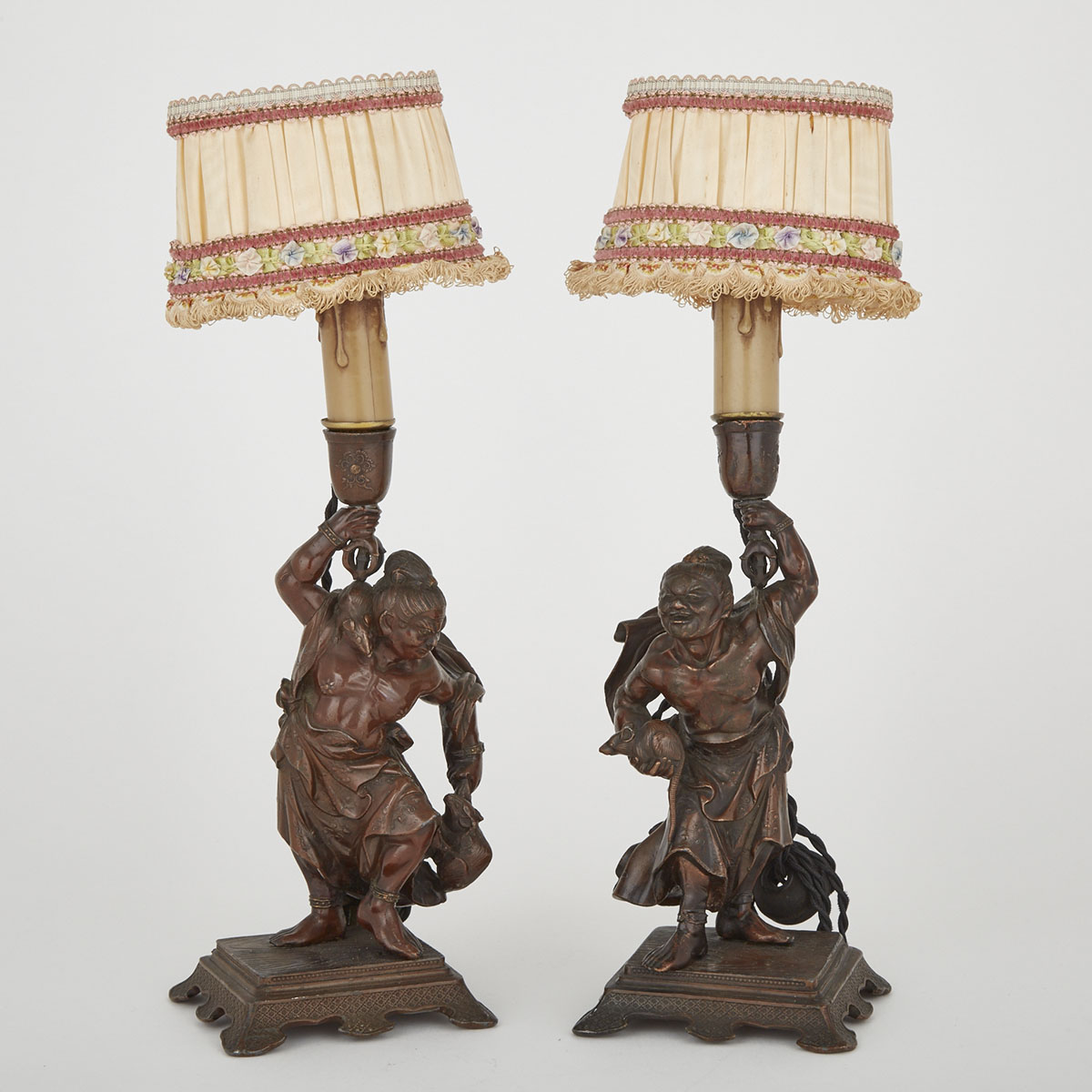 Pair of Bronzed White Metal Japanese Style Figural Table Lamps, early 20th century