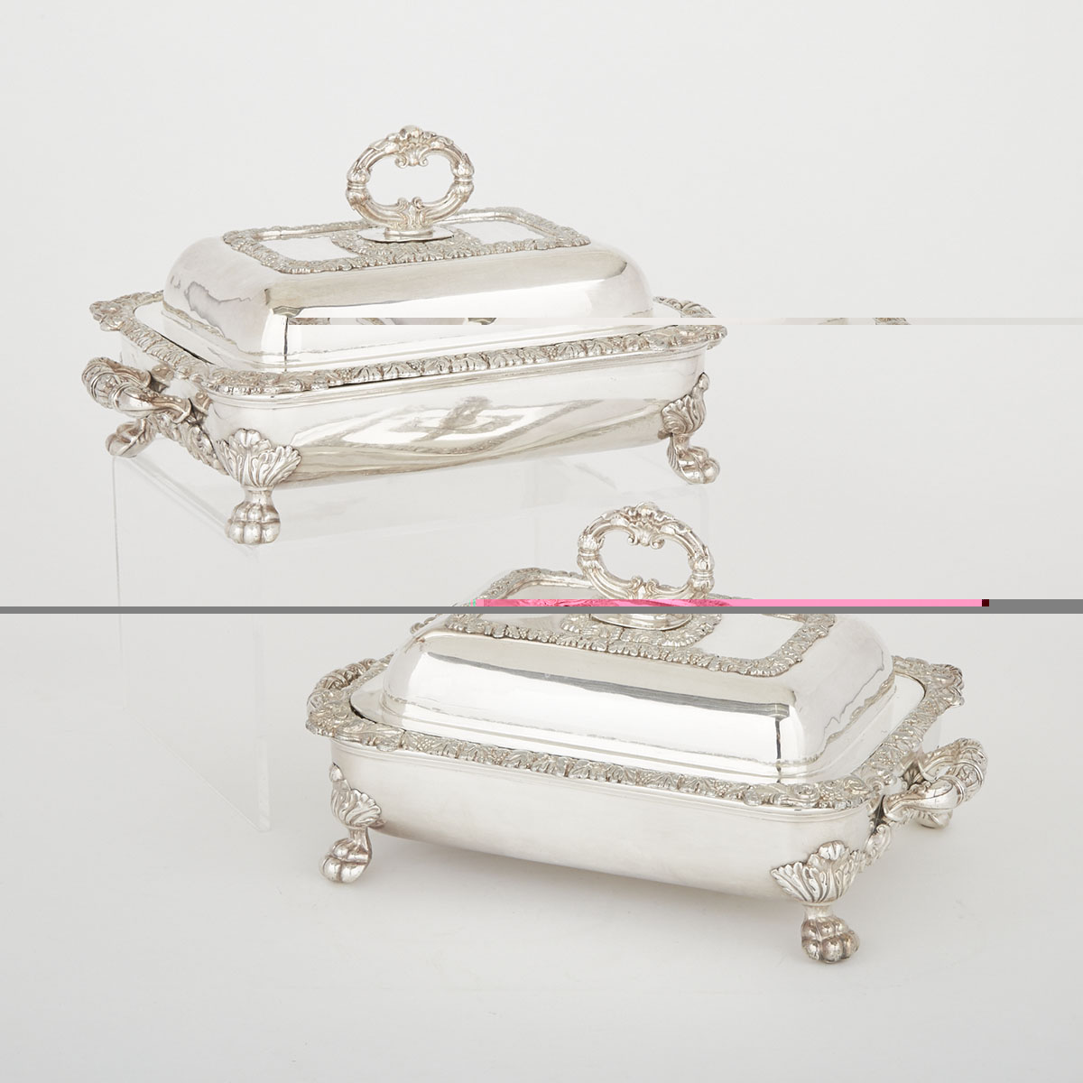 Pair of Old Sheffield Plate Rectangular Covered Entrée Dishes with Warming Stands, c.1825