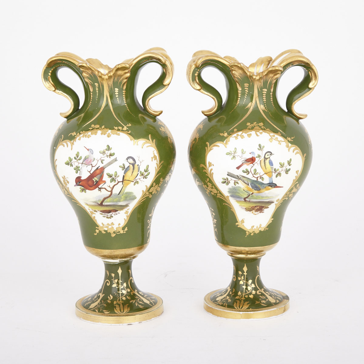 Pair of English Porcelain Green-Ground Mantel Vases, c.1840