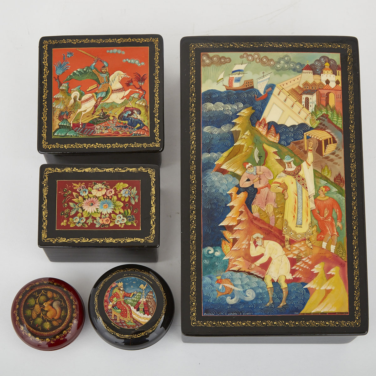 Group of Five Russian Lacquered Dresser Boxes, Mstyora, 20th century 