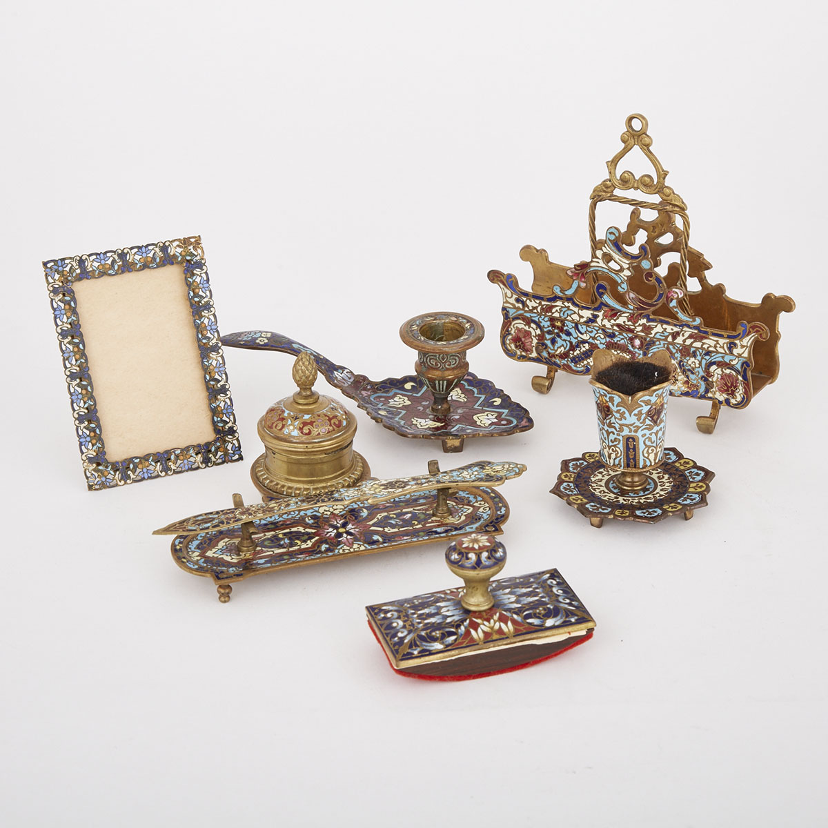 Seven Piece French Champleve Enamelled Desk Set, 19th century