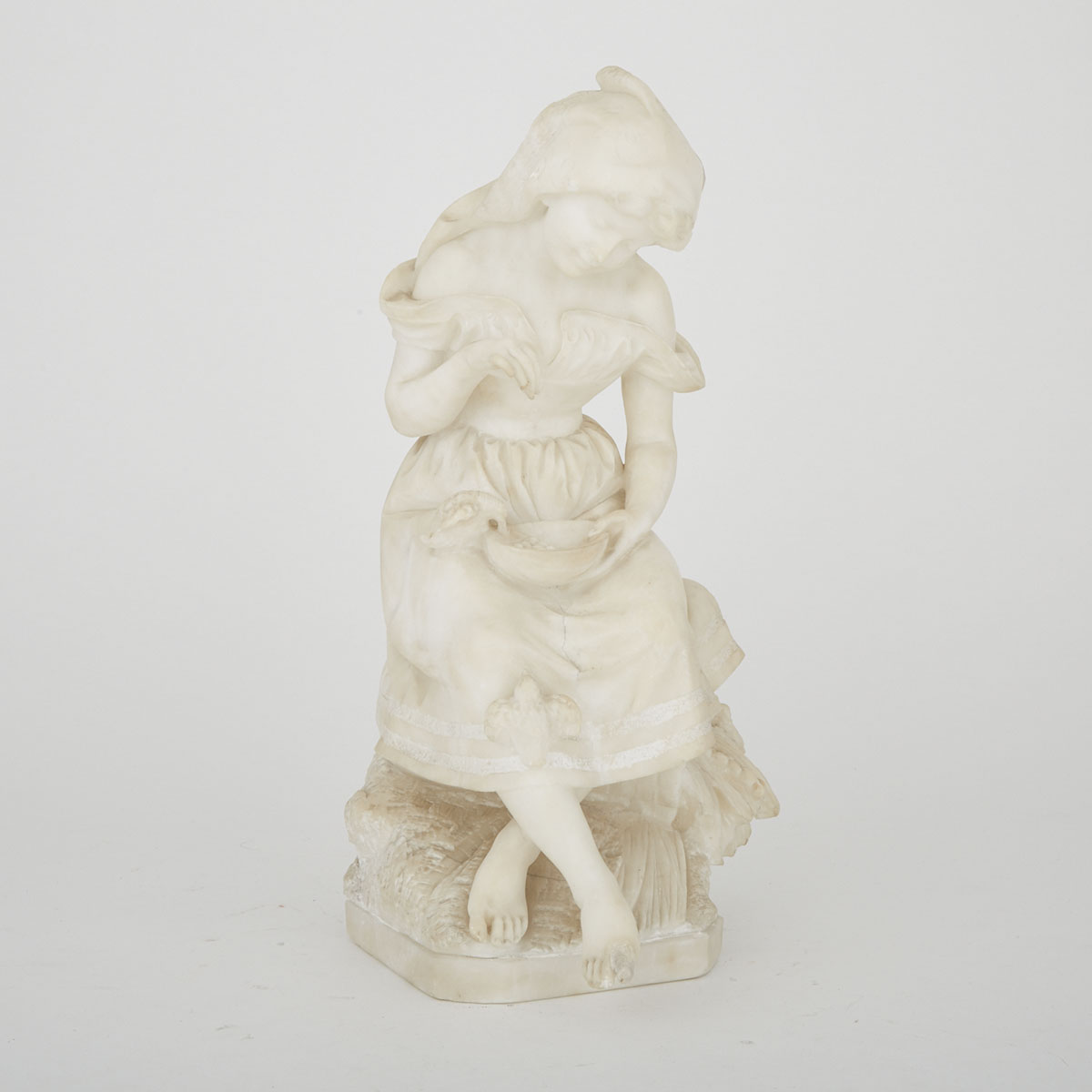 Italian Carved Alabaster Figure of a Young Peasant Girl Feeding Birds, c.1880