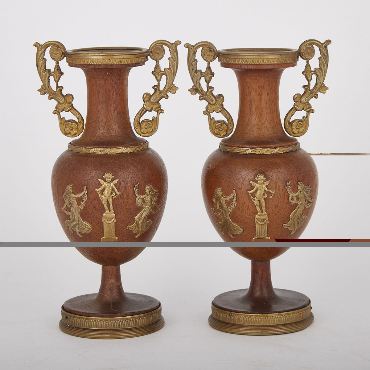 Pair of French Ormolu Mounted Turned Walnut Vases, 19th/early 20th century