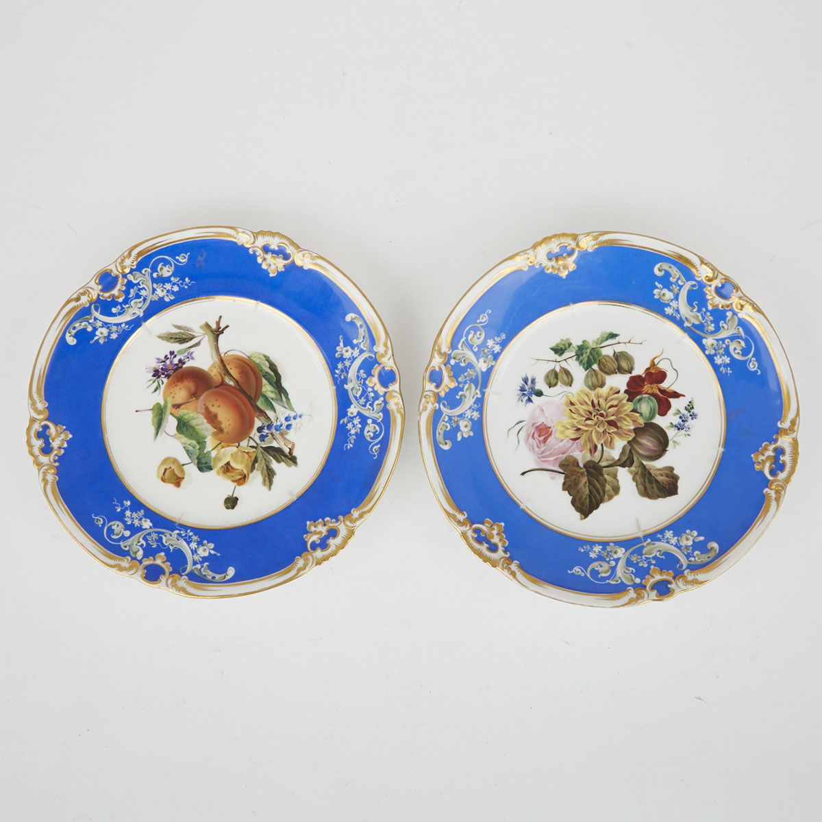 Pair of Gardner Blue Banded Fruit and Floral Centred Dessert Plates, 19th century