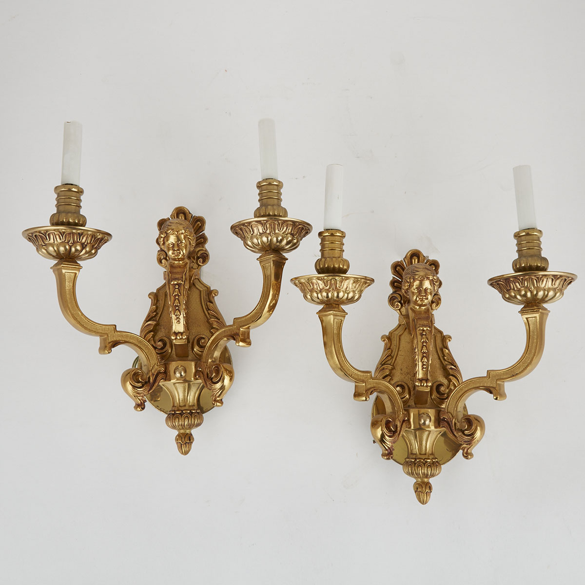 Pair of Louis XIV Style Gilt Bronze Two Light Wall Sconces, mid 20th century