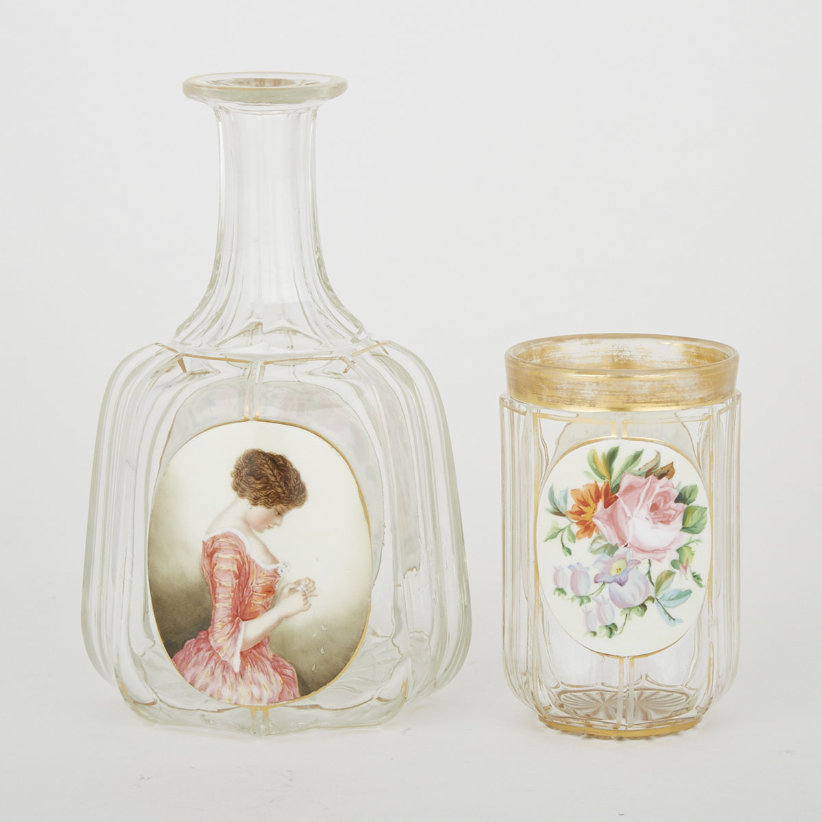 Bohemian Overlaid, Cut and Enameled Glass Water Carafe and Beaker, c.1870