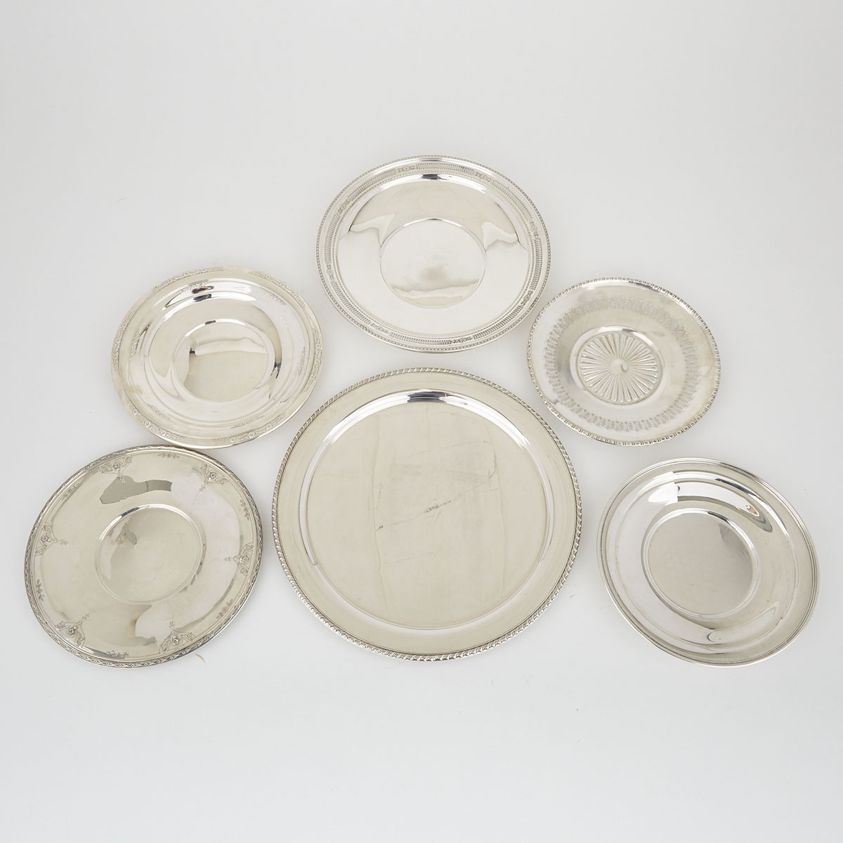 North American Silver Waiter and Five Cake Plates, 20th century