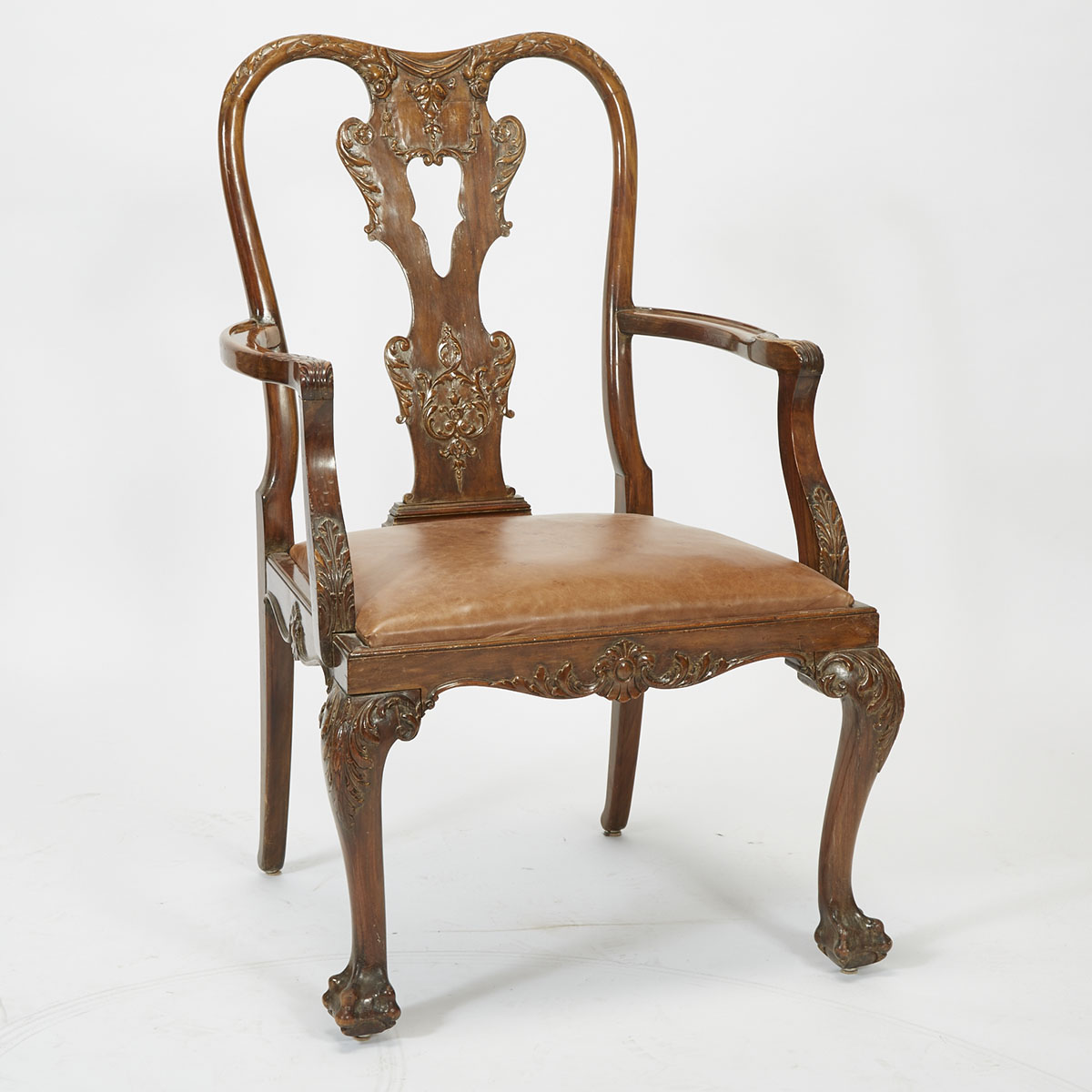 Georgian Style Carved Walnut Open Armchair, early 20th century