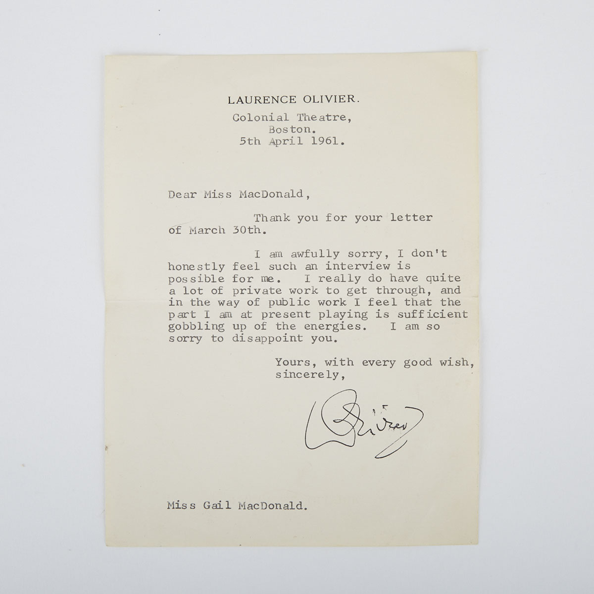 Sir Laurence Olivier Signed Letter, 1961