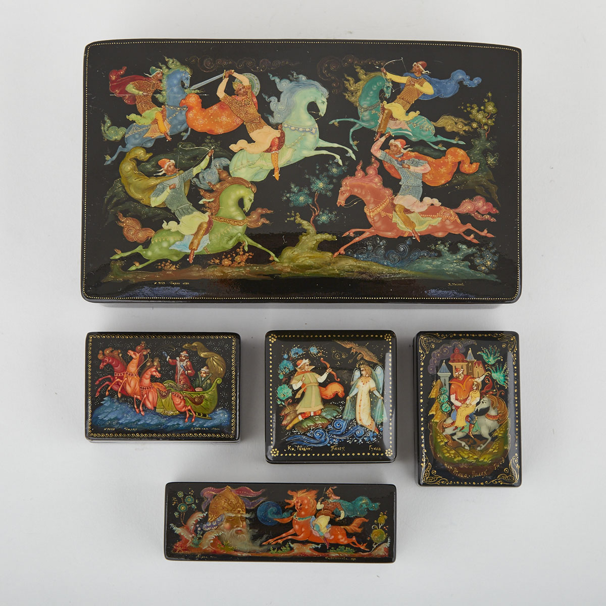Group of FIve Russian Lacquered Dresser Boxes, Palekh, c.1980