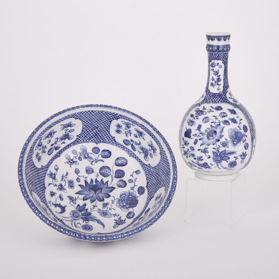 A Matched Blue and White Floral Vase and Bowl