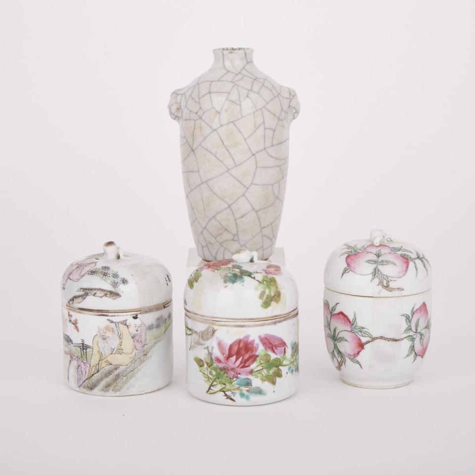 Three Porcelain Tea Jars and a Small Crackle Glazed Vase