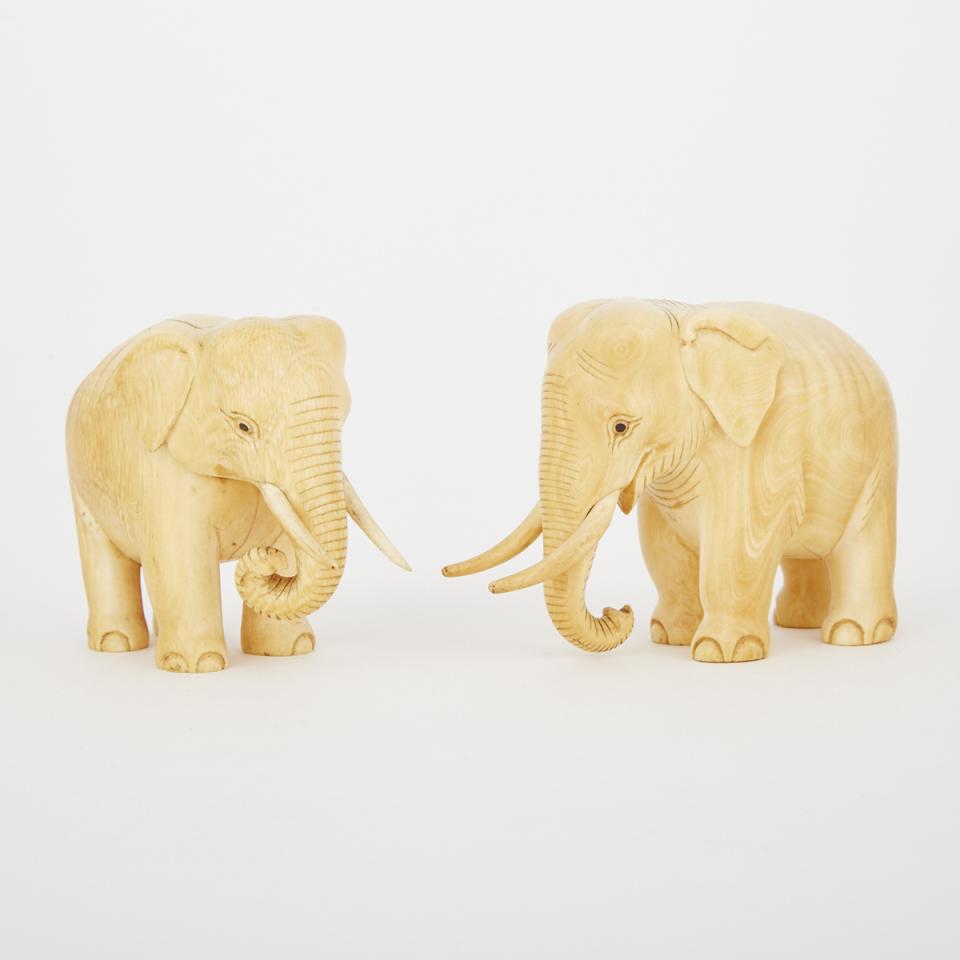 Two Carved Ivory Elephants, Early 20th Century