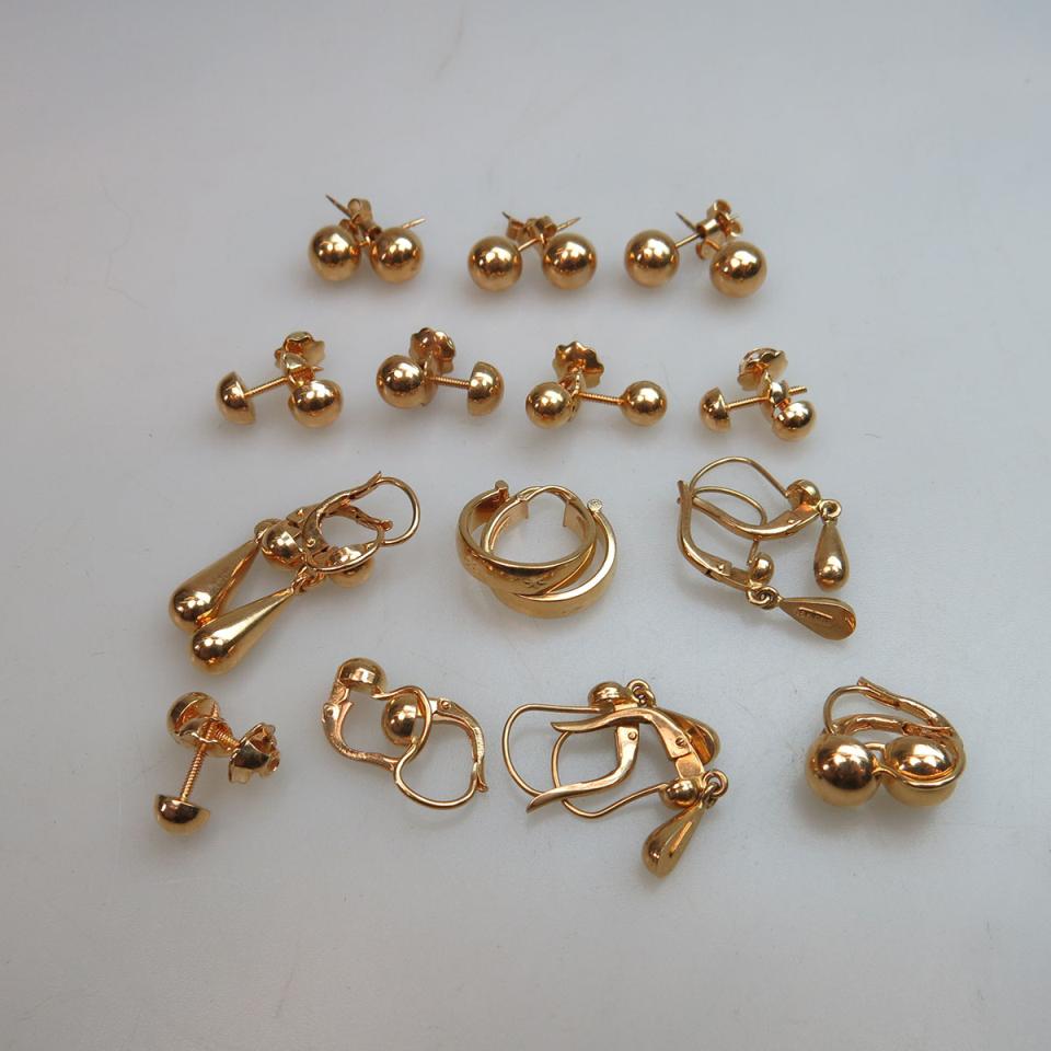 14 Pairs Of Assorted 18k Yellow Gold Earrings