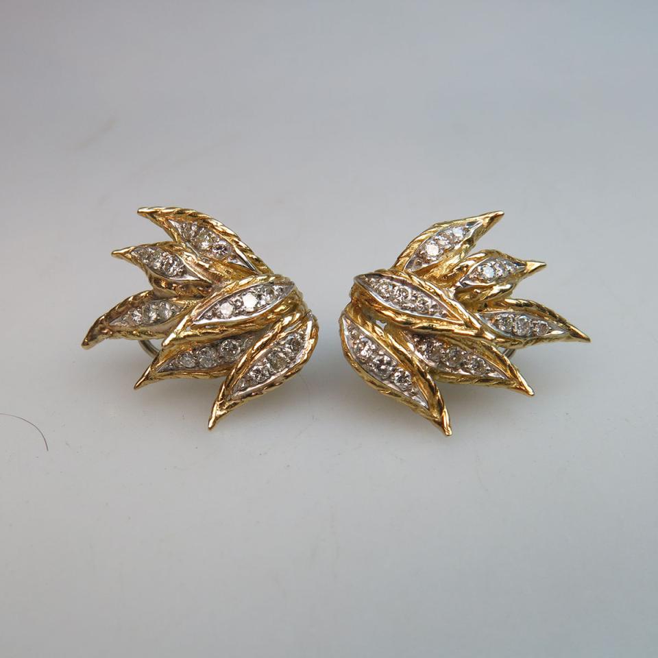 Pair Of 18k Yellow And White Gold Spray Earrings 