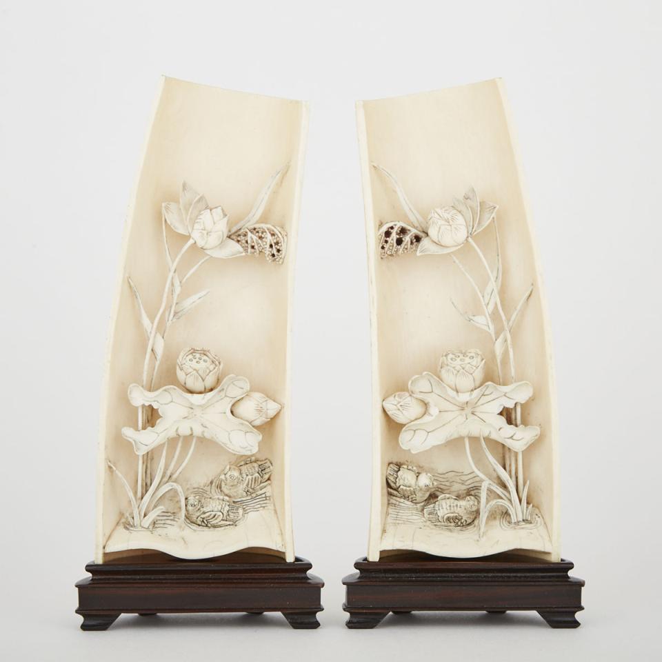 A Pair of Carved Ivory Wrist Rests with Birds, Early 20th Century