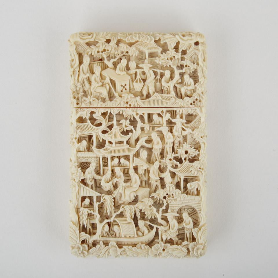 A Large Carved Ivory Card Case with Landscape, Early 20th Century