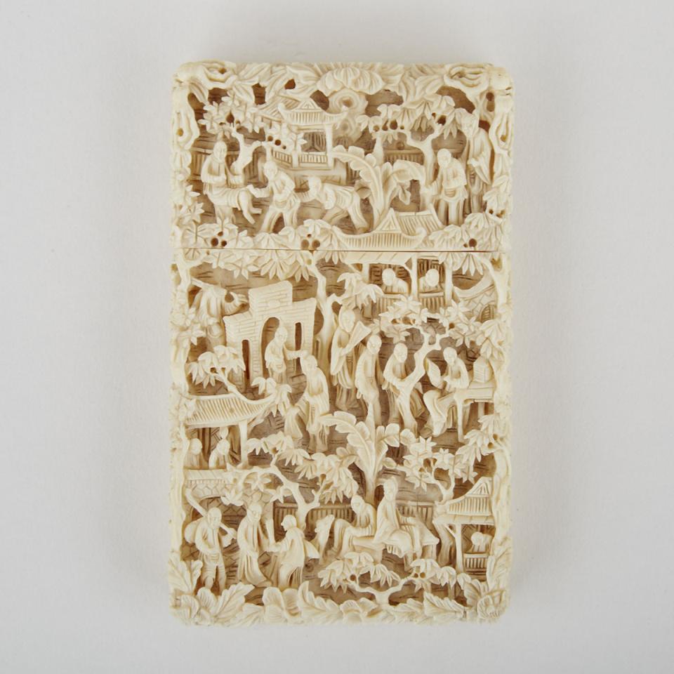A Large Carved Ivory Card Case with Landscape, Early 20th Century