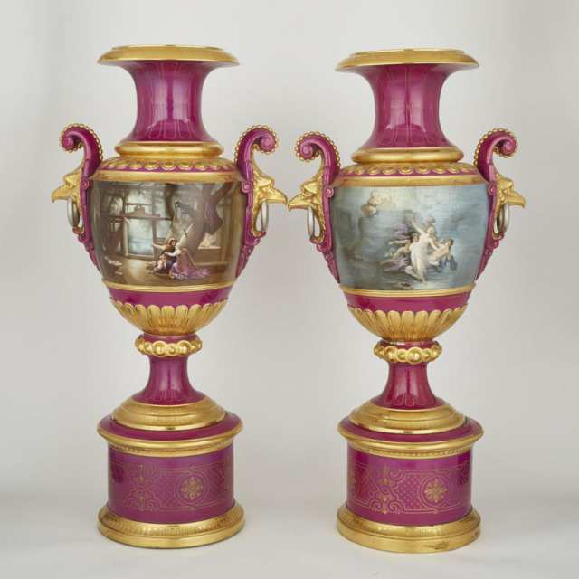 Pair of Continental Porcelain Burgundy Ground Large Two-Handled Vases, 20th century